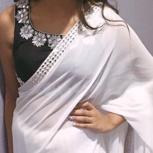 White saree with blouse mirror work